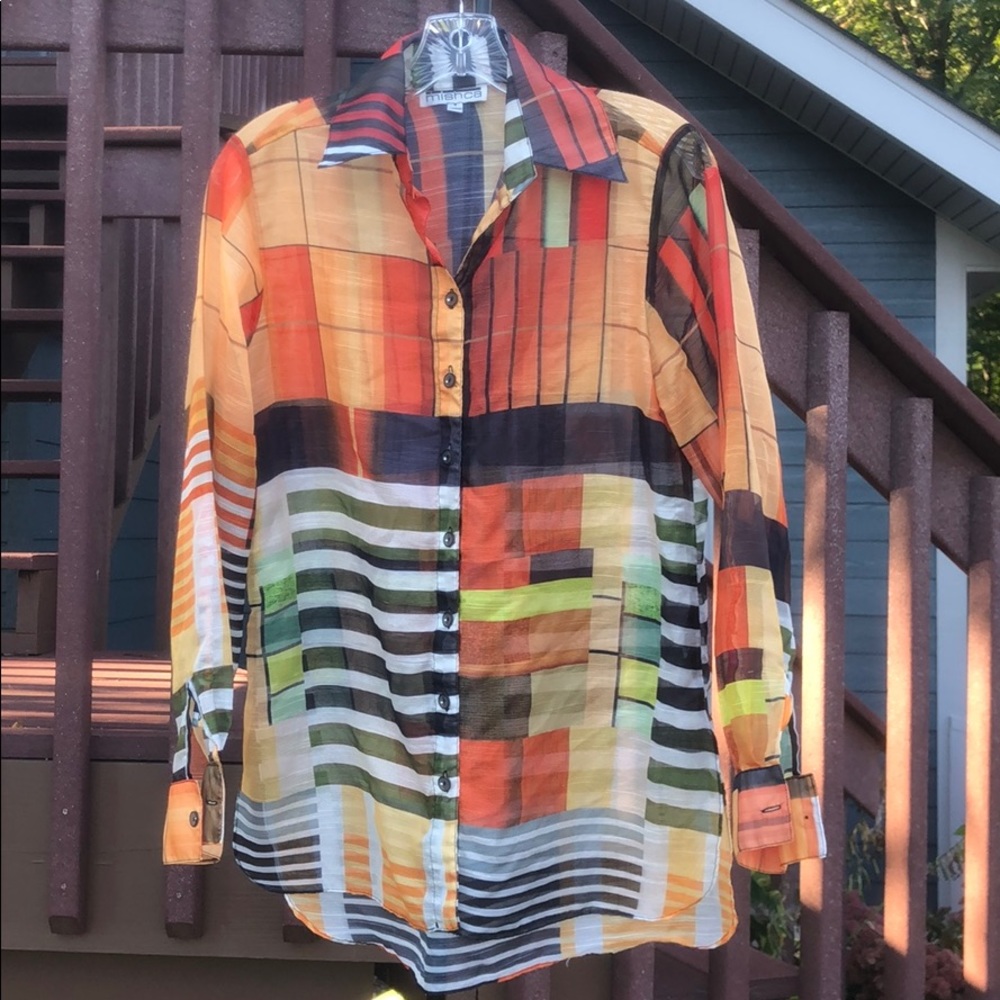 BROWN TAN RUST SHEER BUTTON DOWN  BLOUSE SMALL